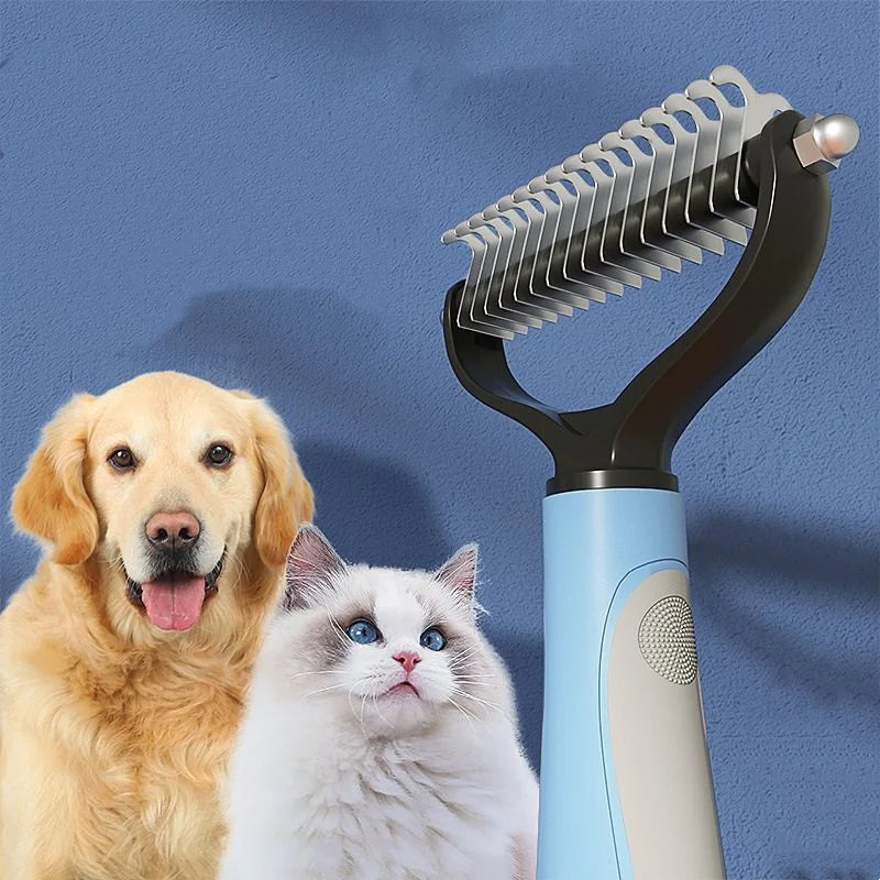 A stainless steel pet deshedding comb is shown next to a golden retriever and a white cat.