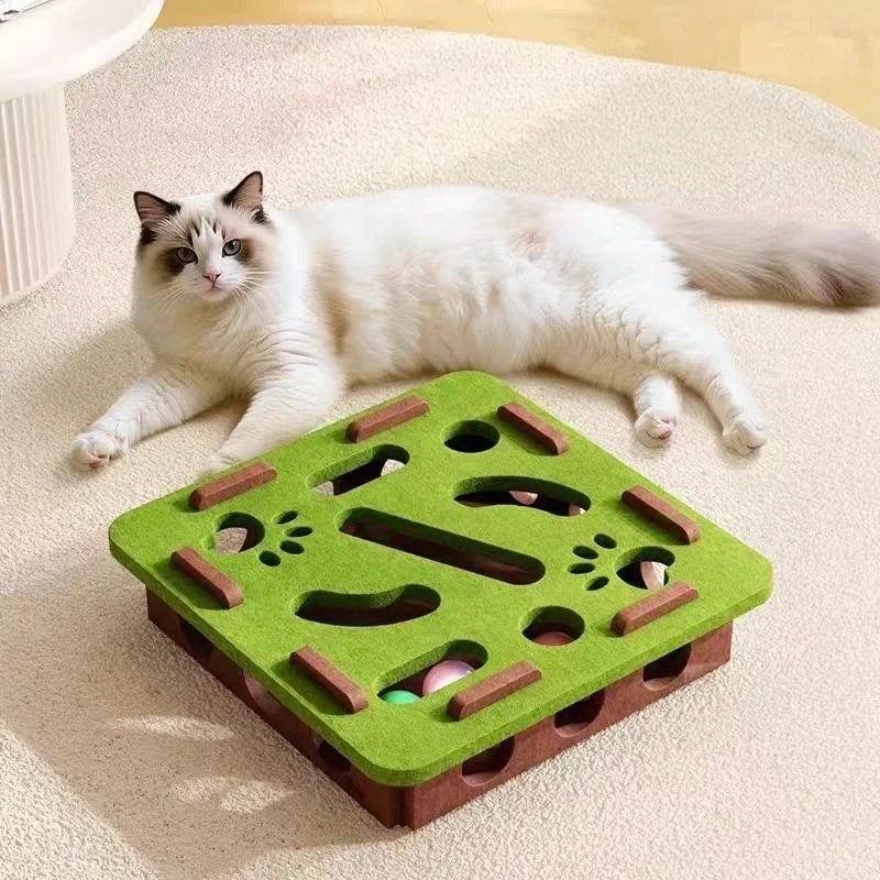Un chat blanc est allongé à côté d'un labyrinthe de puzzle en bois vert conçu pour chats.