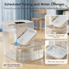 A clear pet water fountain dispenser showing a disposable water bowl and a separate liquid reservoir for scheduled turning an