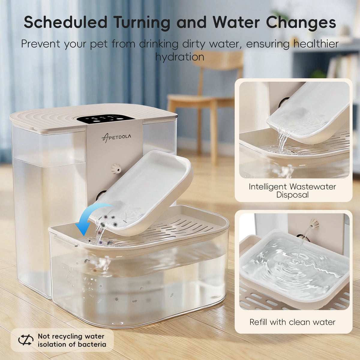 A clear pet water fountain dispenser showing a disposable water bowl and a separate liquid reservoir for scheduled turning an