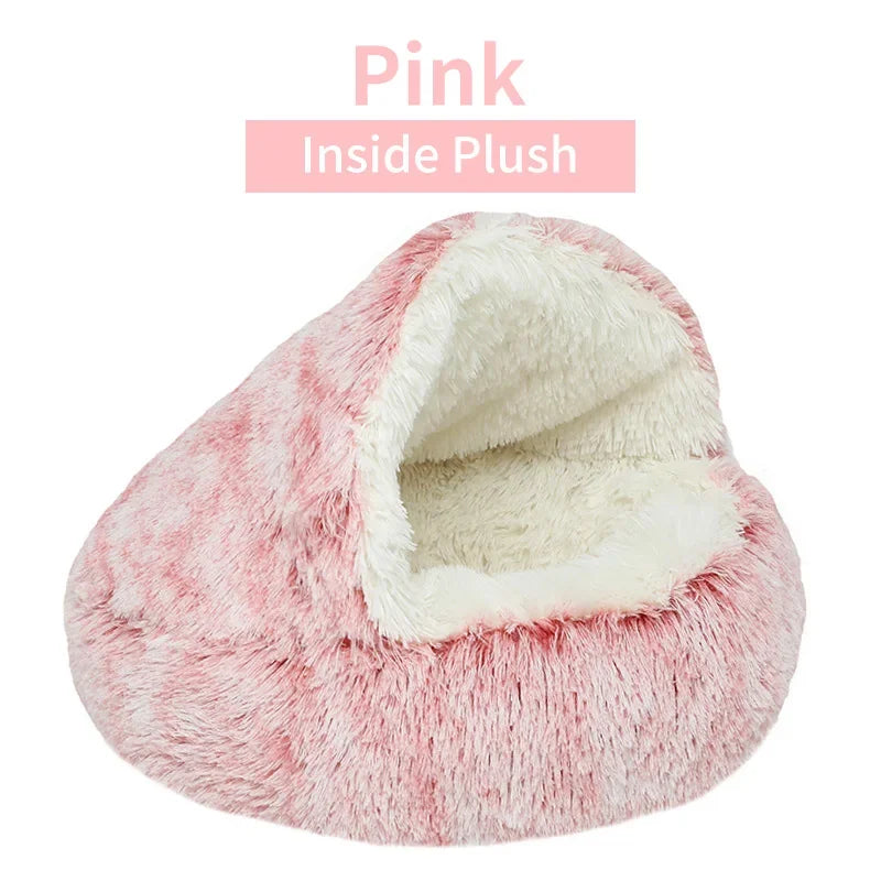 Lit rond douillet rose avec design de grotte pour animal de compagnie