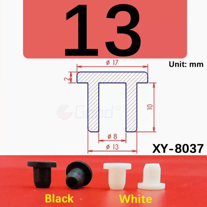Black and white silicone rubber hole plugs shown next to the product number 13