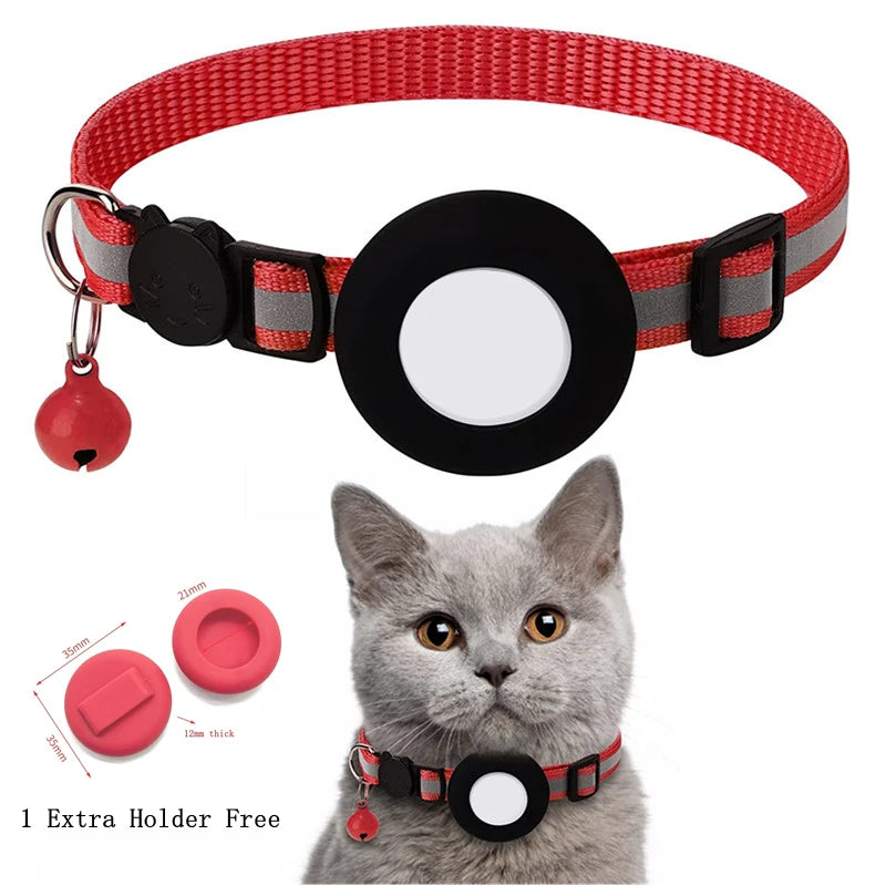 A gray cat wearing a red and black breakaway collar with a reflective strip and an airtag holder.