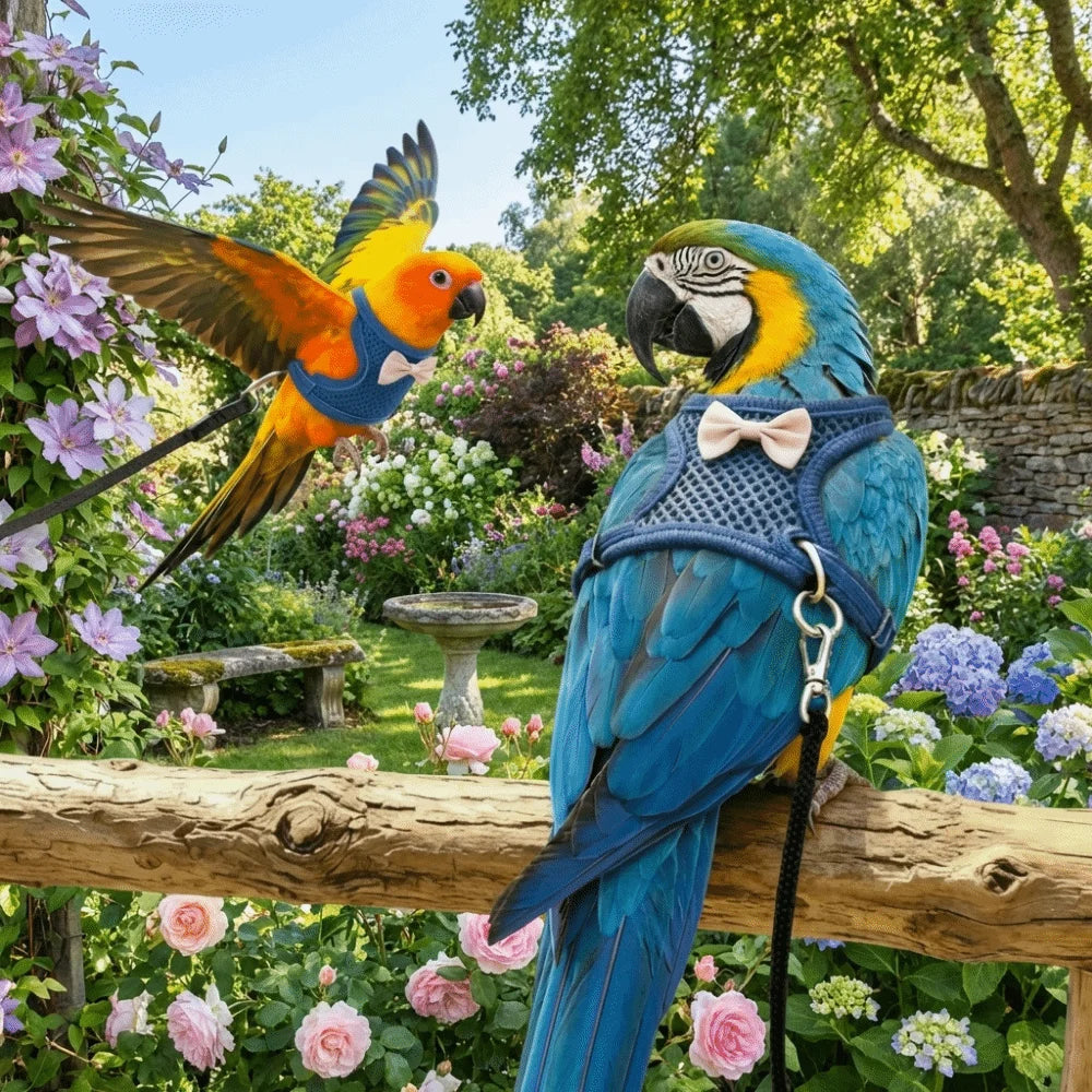 A blue and yellow macaw perched on a wooden railing amidst lush pink and purple flowers.