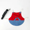 Costume lapin lapin en denim pour petits animaux avec des attaches d'oreilles rouge et bleu.