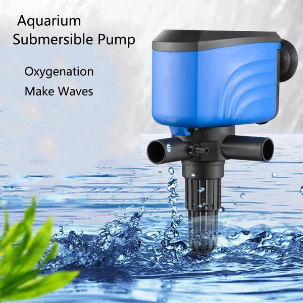A blue submersible pump is shown creating waves in water, used for oxygenation.