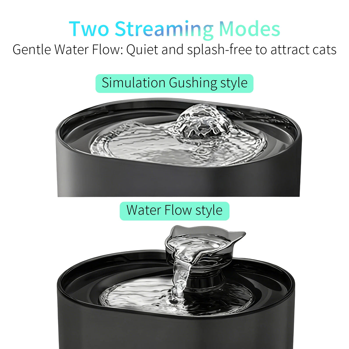 A black automatic cat water fountain demonstrating two streaming modes: a simulation gushing style and a direct water flow st