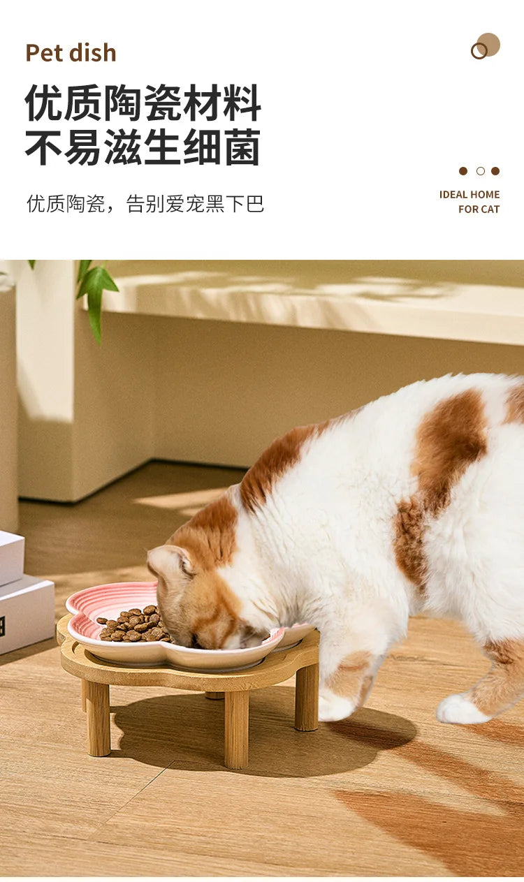 Ceramic Pet Bowl with Wood Stand – Elegant Bow Knot Design