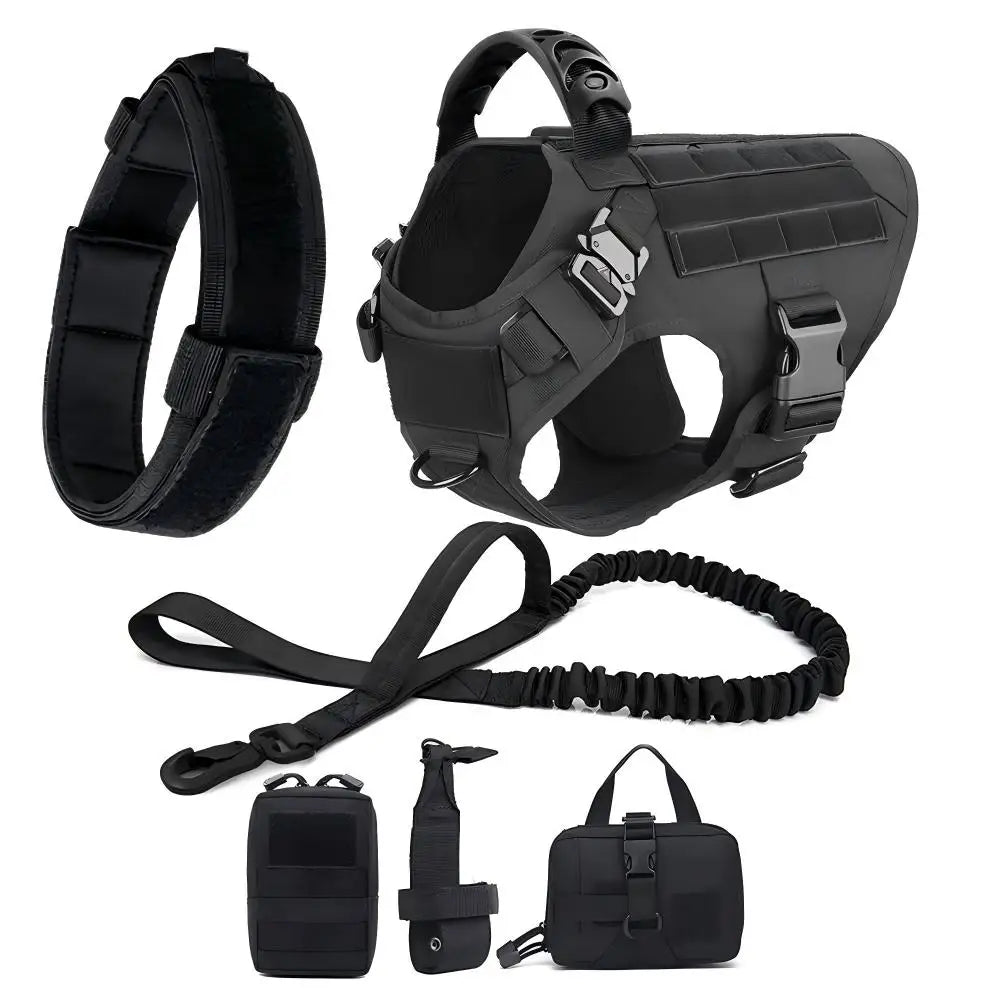 Black tactical dog harness with a MOLLE system and attached leash and pouch.