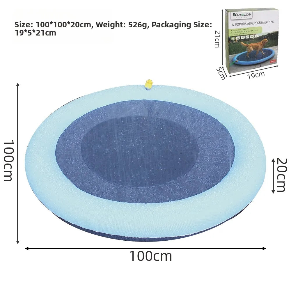 A round, light blue and dark blue anti-slip mat designed as a dog splash pad for outdoor fun.