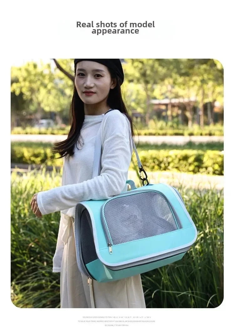 A woman holds a light blue breathable pet carrier bag for cats and small dogs outdoors.