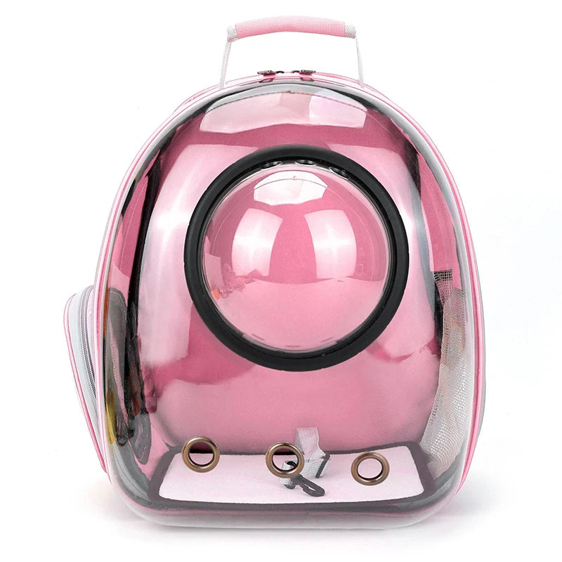 A pink transparent portable backpack designed for pets, featuring a dome-shaped clear enclosure.