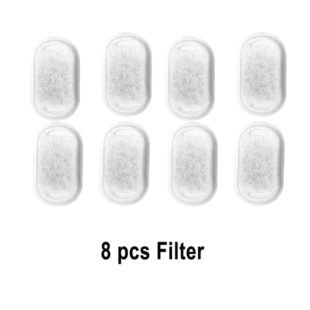 Eight clear filter cartridges for an automatic cat water fountain