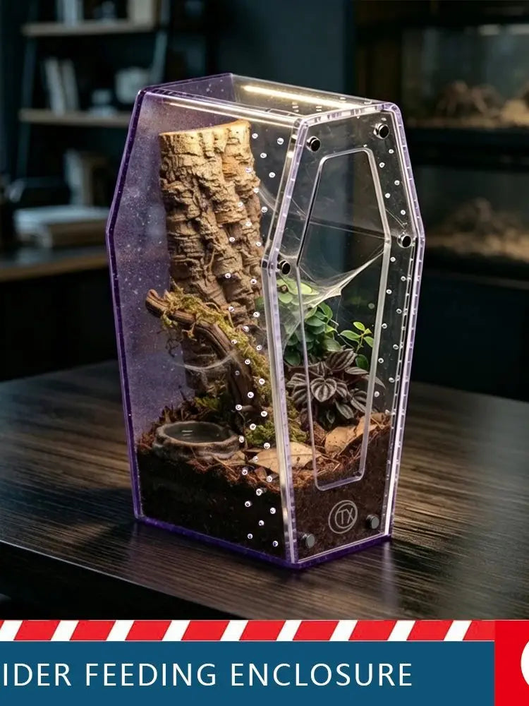 A clear acrylic enclosure for a spider featuring wood and foliage, designed for feeding.