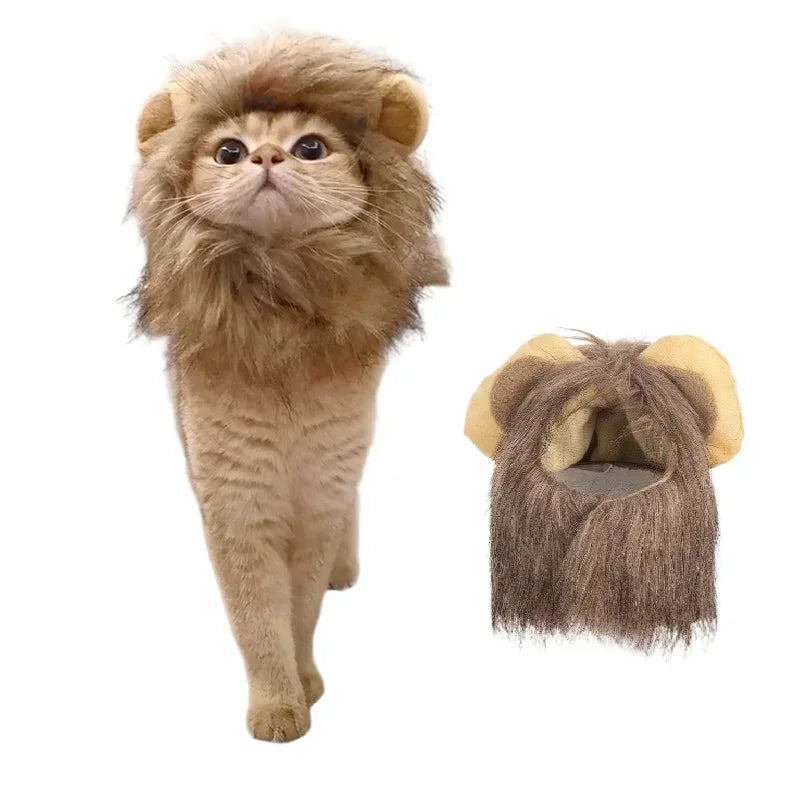 A fluffy lion mane costume hat for cats and small dogs with light brown fur.