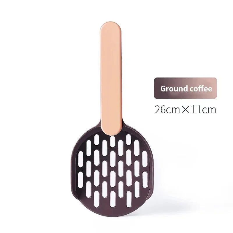 A brown cat litter scoop with a quick-sift design shown against a white background.