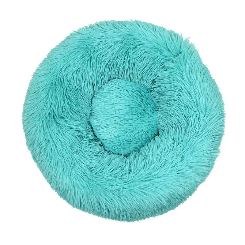 A round, bright turquoise plush pet bed for dogs and cats.