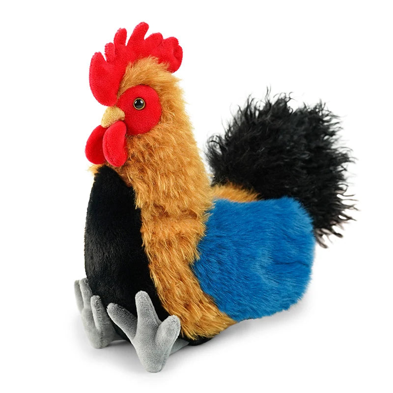A lifelike plush rooster and hen set with orange, black, and blue feathers and a red comb.