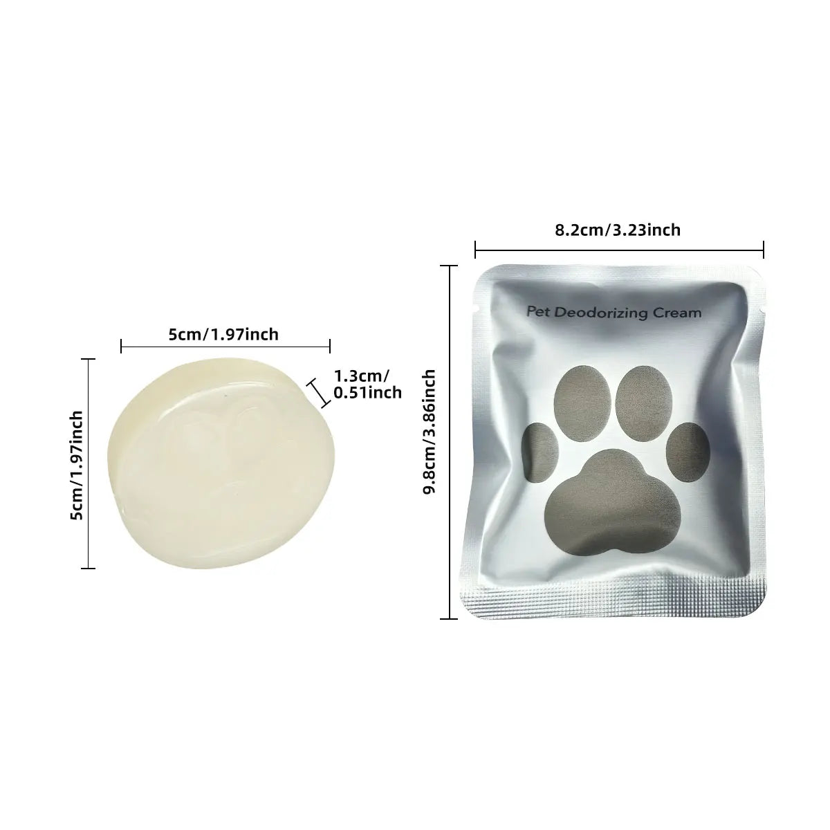A silver pet deodorizing cream in a square package with paw print indentations and a white disc.