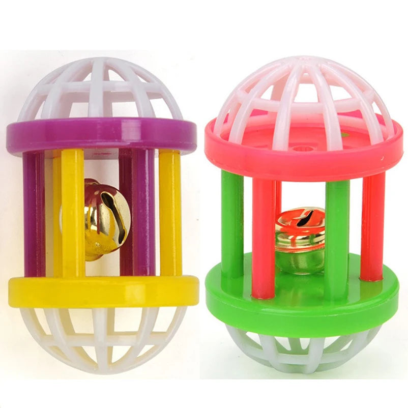 A set of ten plastic cat toy balls with jingle bells in various colors including purple, yellow, pink, and green.