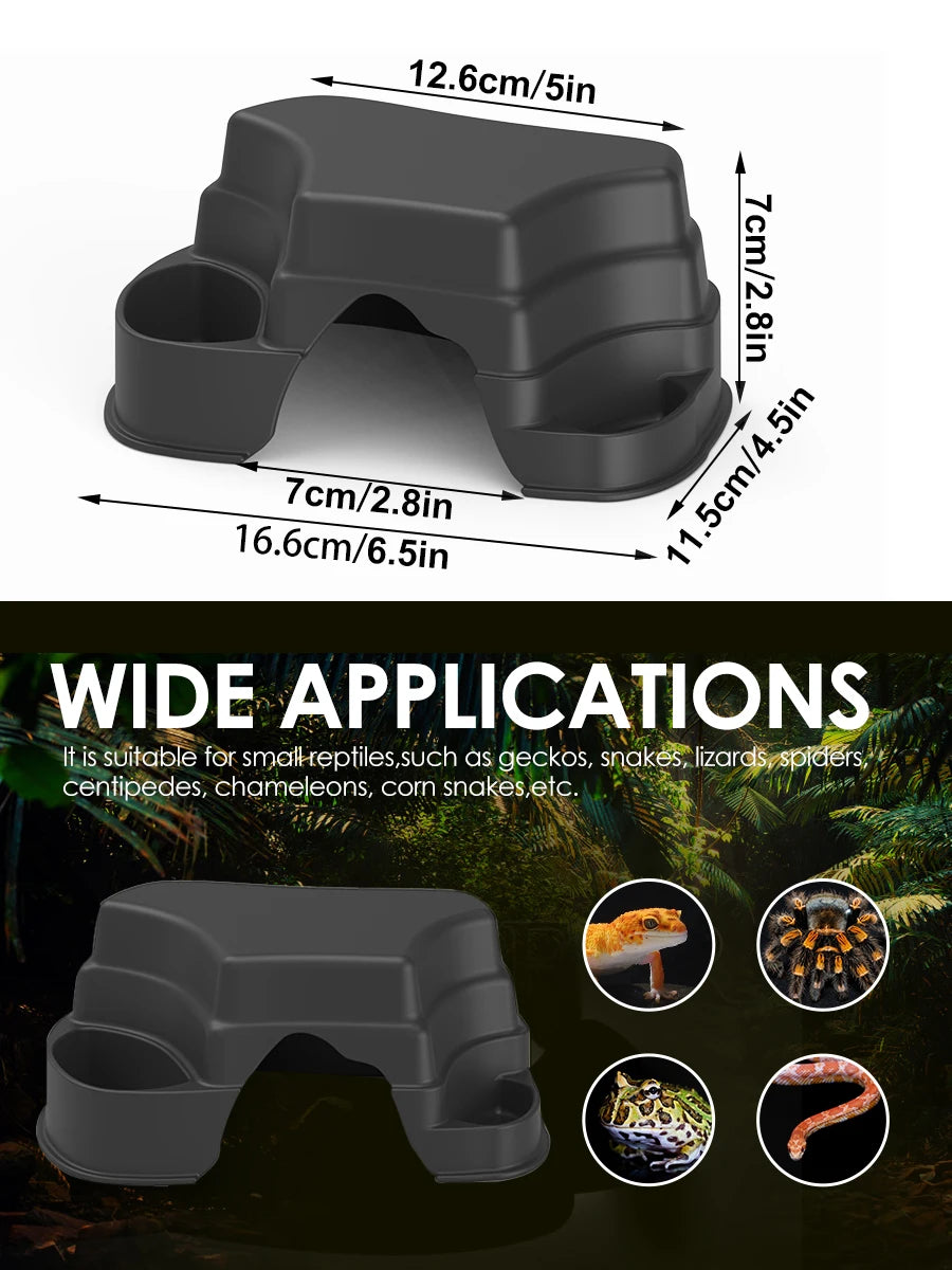 Reptile Hide Cave Decor with 2 Food Bowls