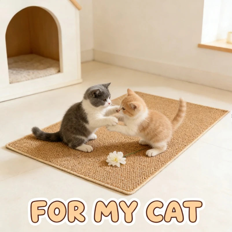 A small gray cat and a small orange tabby cat are resting on a natural sisal scratching mat.