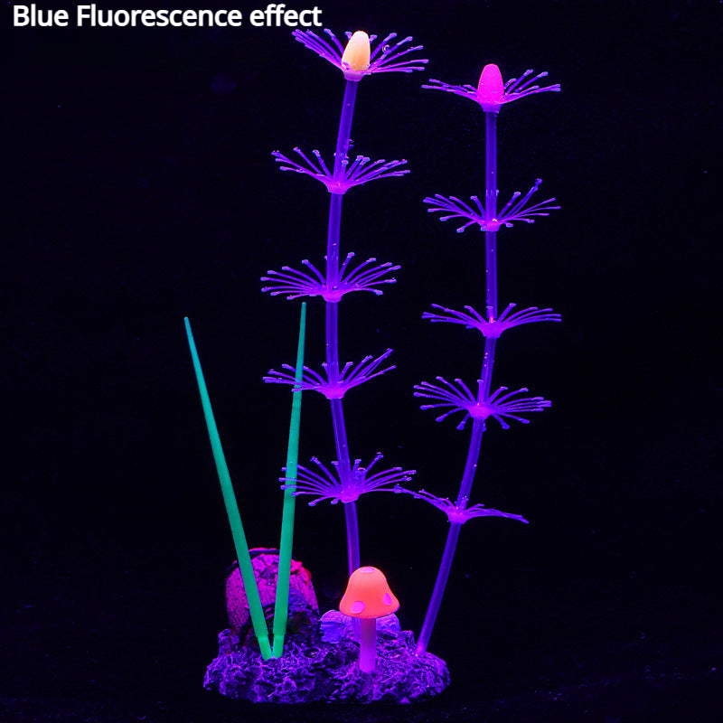 Planta acuática de silicona morada con efecto de fluorescencia azul y verde.