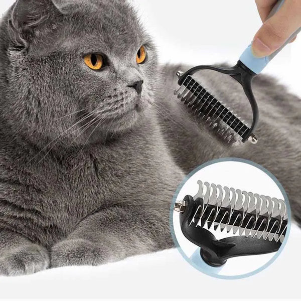 A gray cat is being groomed with a black pet grooming brush and knot remover tool.