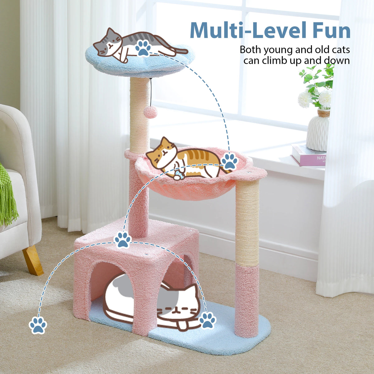 A multi-level cat tree with sisal scratching posts allowing young and old cats to climb up and down