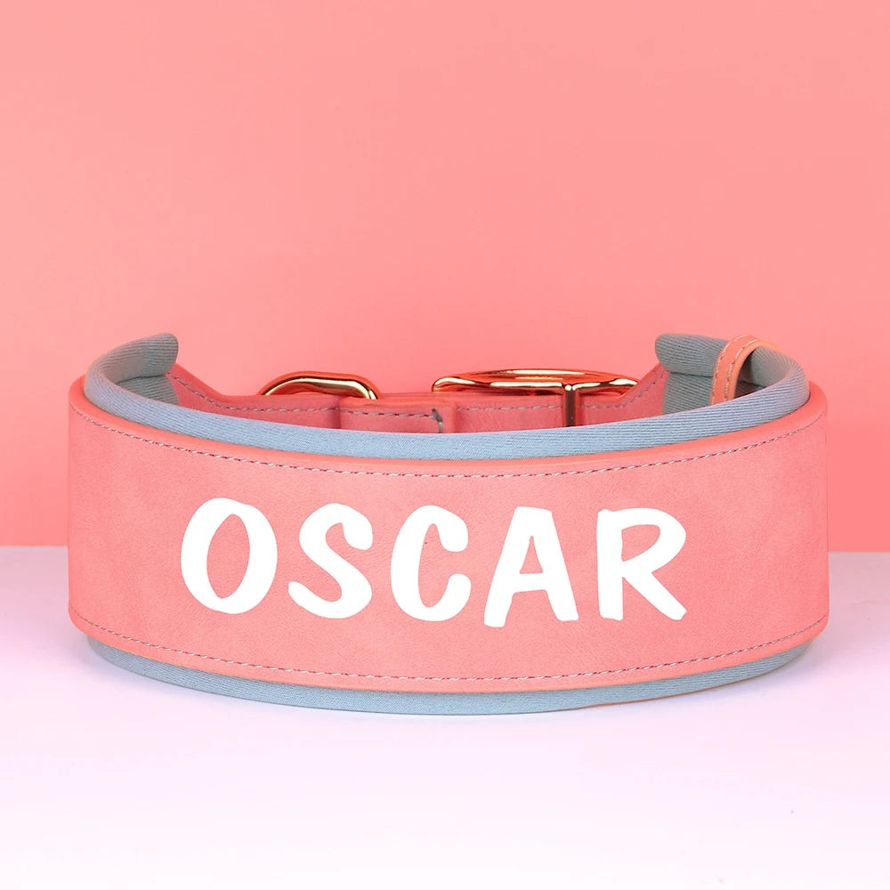 A pink PU leather dog collar with the name OSCAR embossed on the strap and featuring a gold-colored tag.