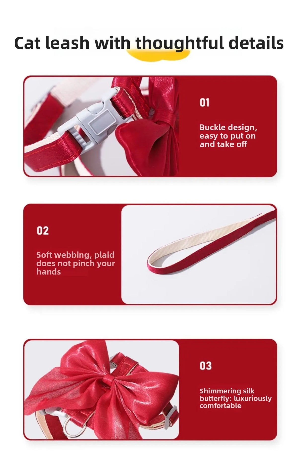 Red cat leash and harness set featuring a buckle design, soft webbing, and a shimmering silk butterfly bow.