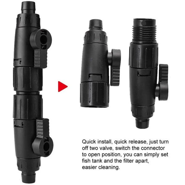 Black quick-release aquarium hose connector with shut-off valves shown in multiple views.