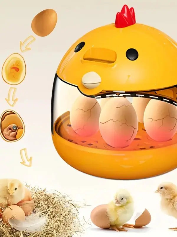 A yellow home egg incubator is shown with several bird eggs inside, next to some chicks and straw.