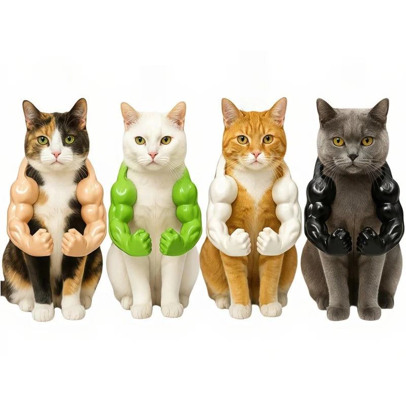Vier 3D gedruckte Muskel-Tierkostüme für Katzen in verschiedenen Farben und Posen.