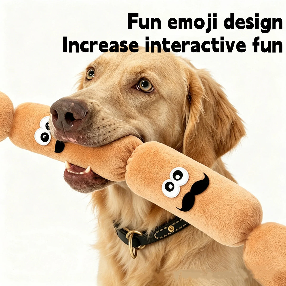 A golden retriever holds a sausage-shaped plush squeaky dog toy in its mouth.