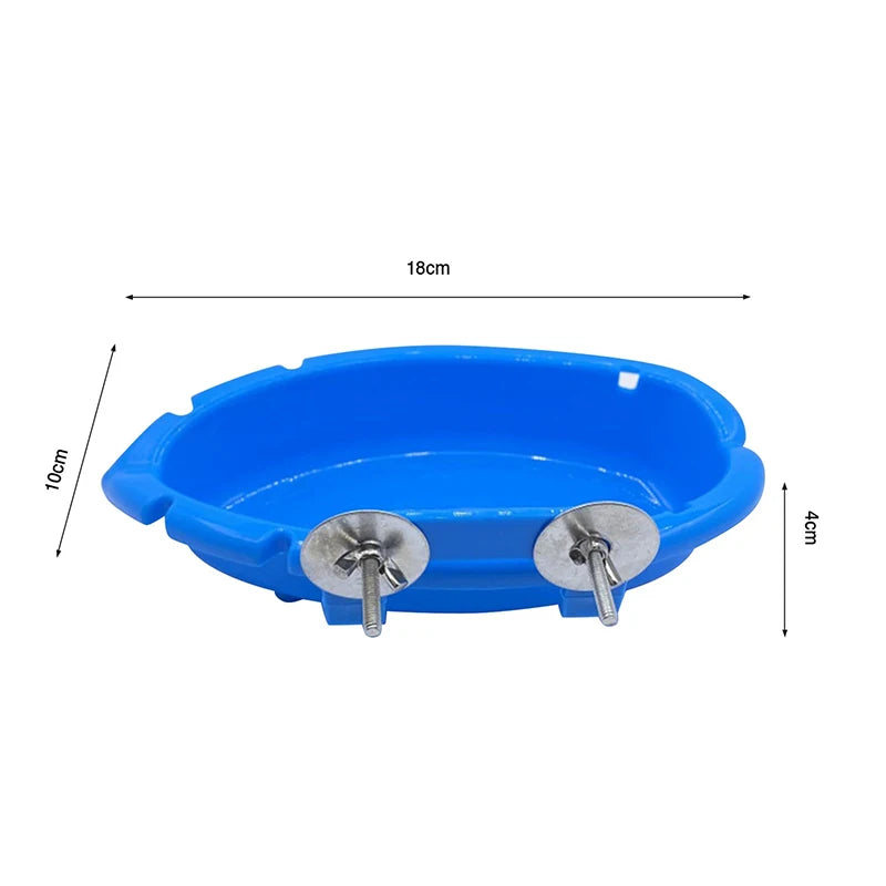 Blue multi-use parrot feeding and bathing tray with two removable drain plugs