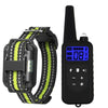 A black long-range dog training collar with a remote control and a digital display is shown next to the strap.