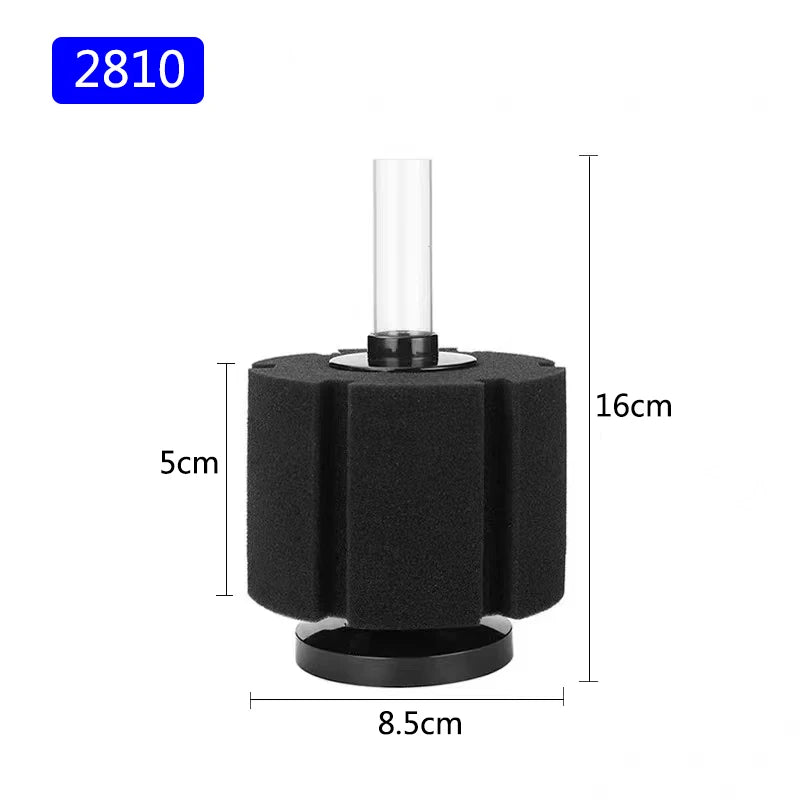 Black aquarium bio sponge filter with a clear tube and air pump skimmer