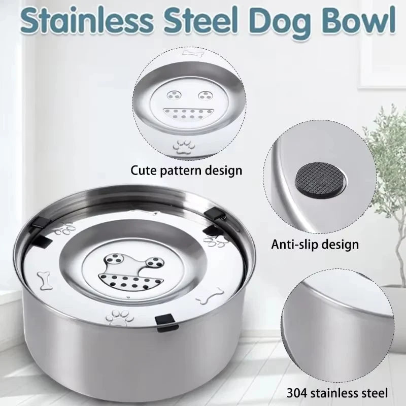 A stainless steel dog bowl with a cute pattern design and anti-slip features.