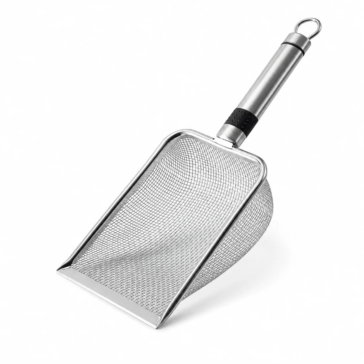 Stainless steel cat litter scoop with a fine mesh sifter and a long handle.