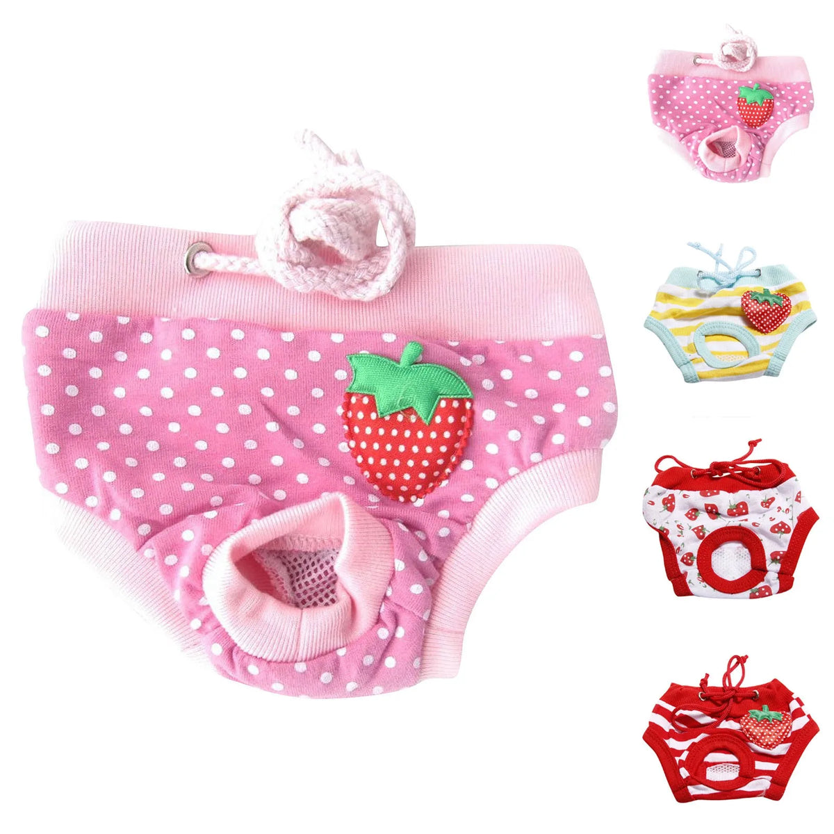 Pink and red adjustable dog sanitary pants with a tail hole and decorative elements