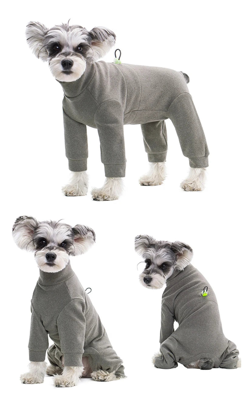 A small, gray dog wearing a thermal fleece jumpsuit for winter warmth.