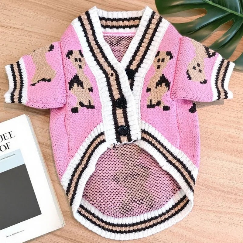 Pink and black striped bear cardigan sweater for small dogs and cats
