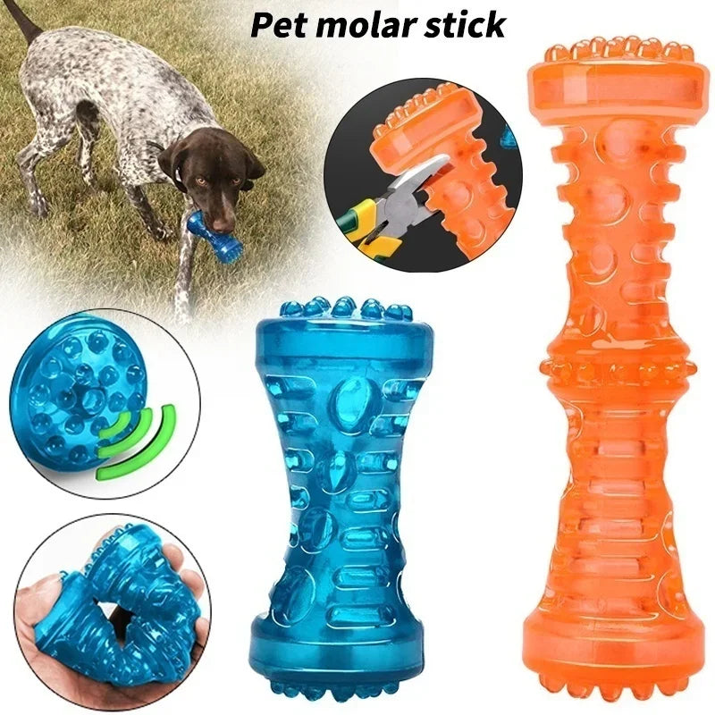 Various orange and blue pet molar stick toys for dogs, including a bone chew toy.