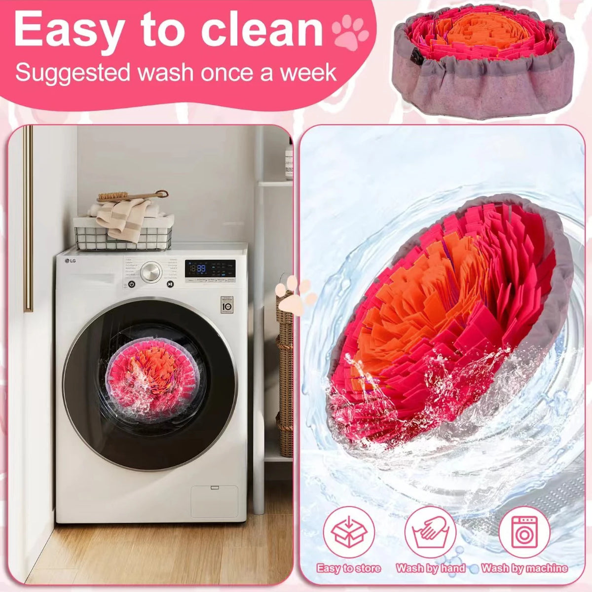 A pink foldable felt sniffing mat for dogs shown next to a washing machine and water.