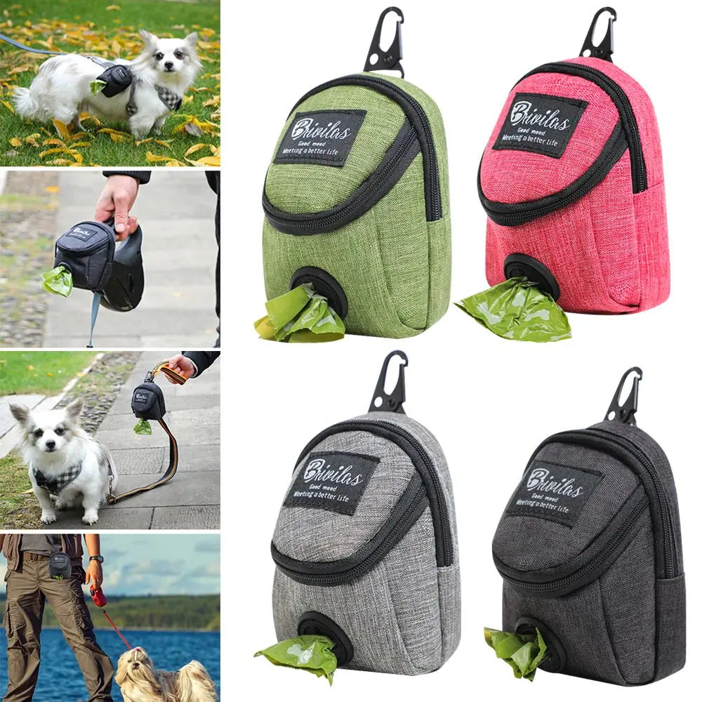 Collection de pochettes de friandises pour chien vertes, roses et grises avec distributeurs de sacs.