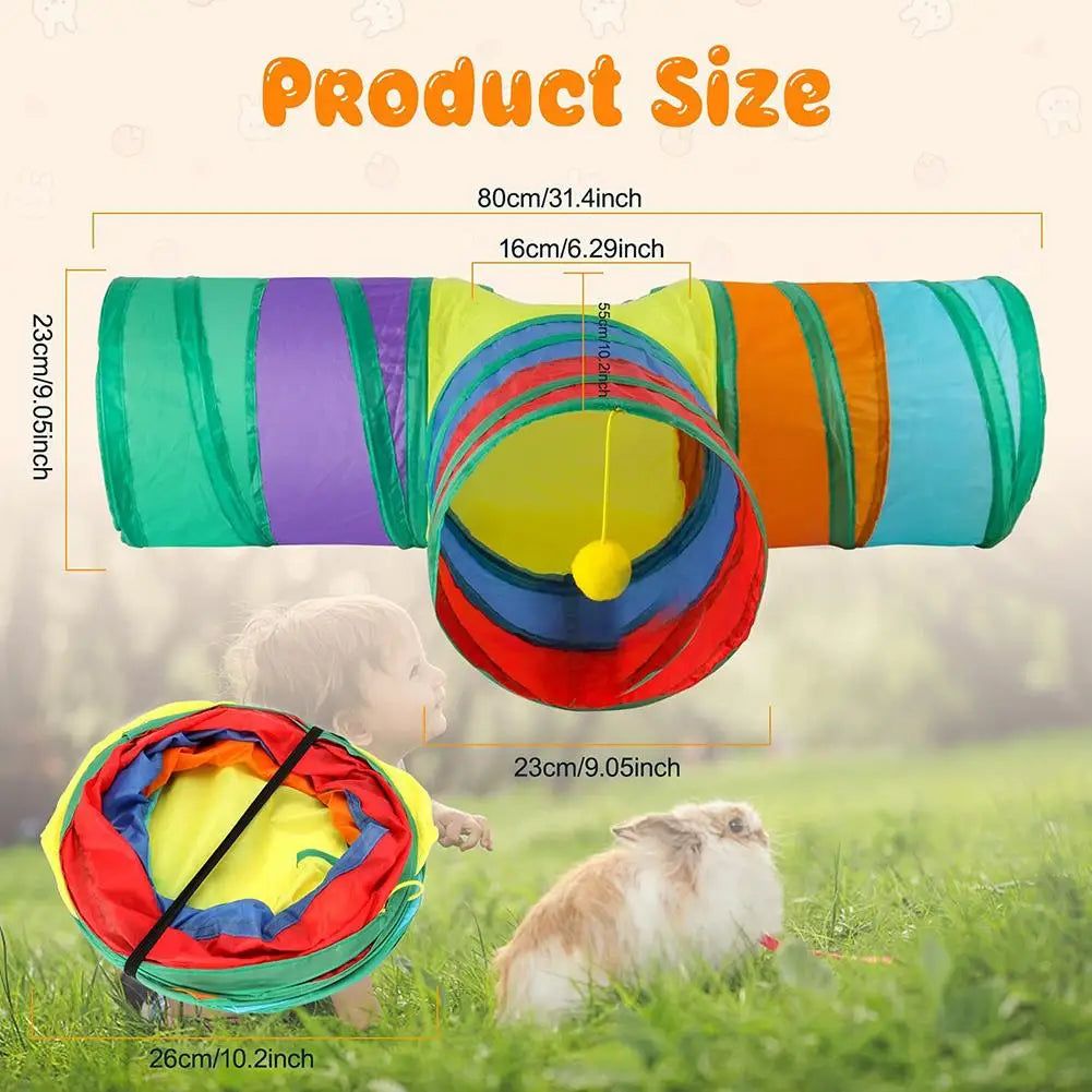 A colorful collapsible bunny tunnel and hideout for small pets shown in various sizes and usage context.