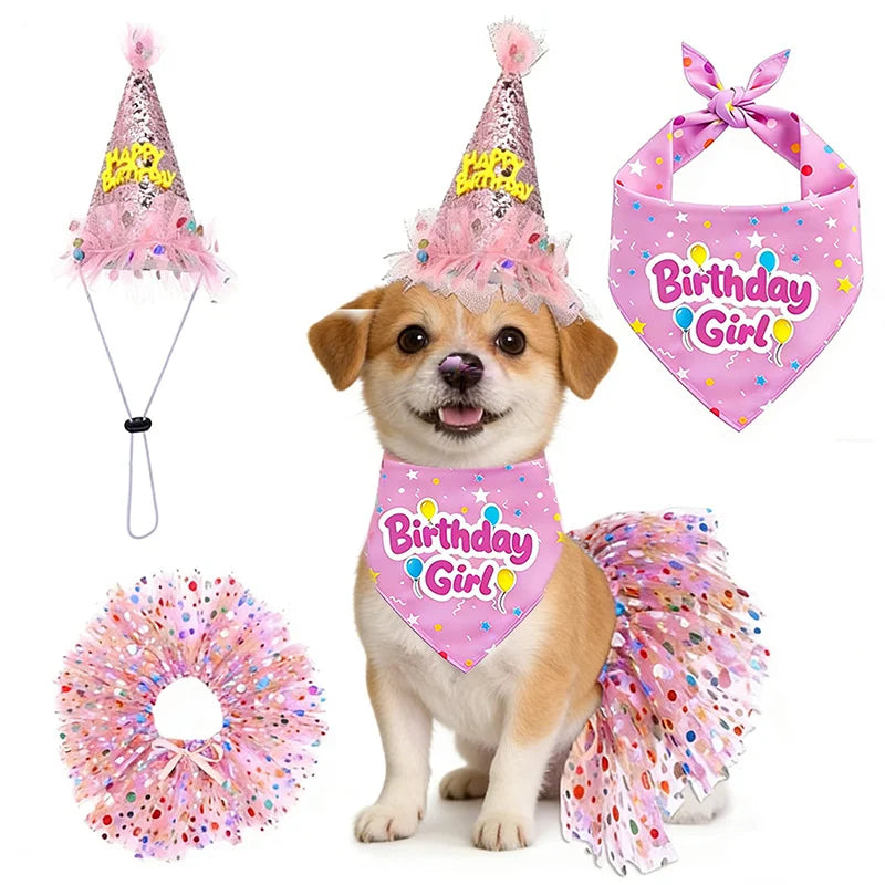 Pet Birthday Party Accessory Set with Bandana, Tutu Skirt & Hat