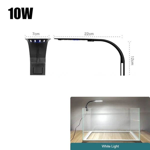 A black slim clip-on LED aquarium light with a 10W power rating shown next to its dimensions and in use illuminating an aquar