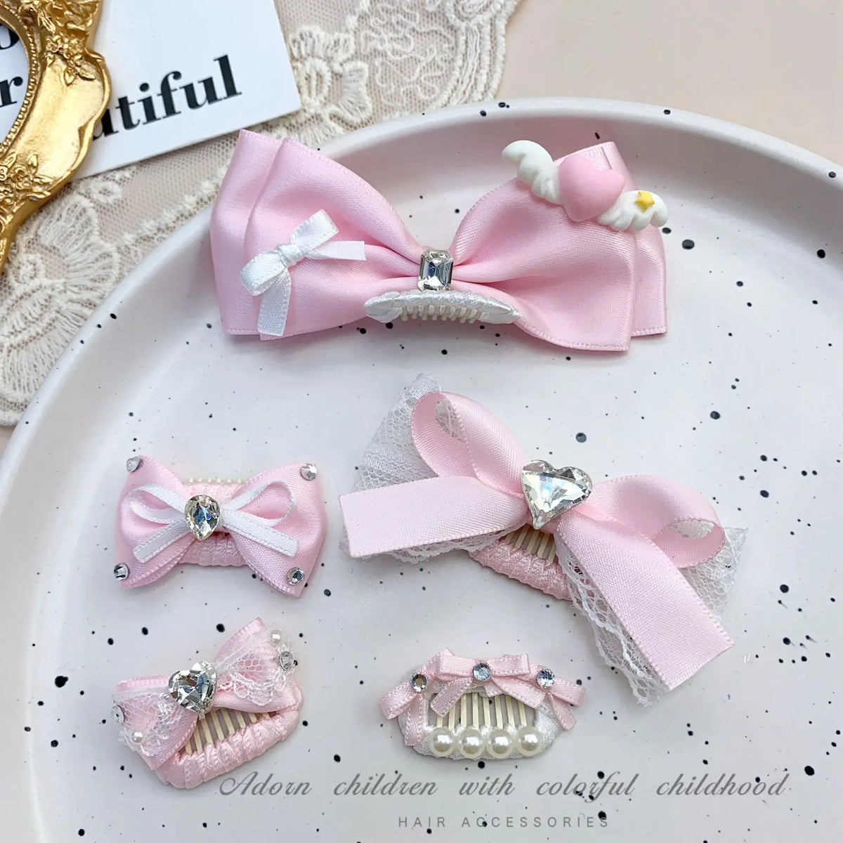 Pink Bow Pet Hair Clip with Rhinestone & Pearl Accents